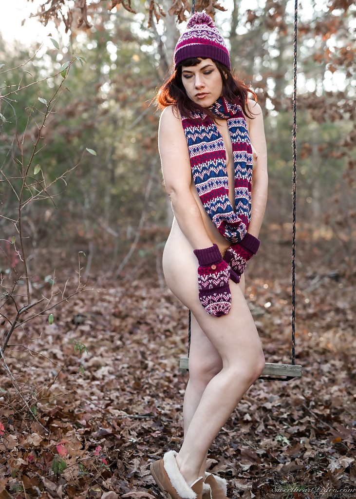 leggy solo girl ingrid mouth posing naked in forest in toque and boots