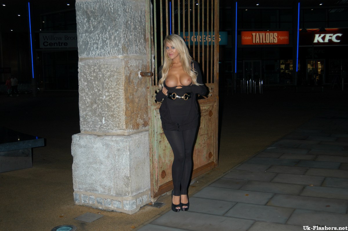 blonde female from the uk flashes her tits on the street at night