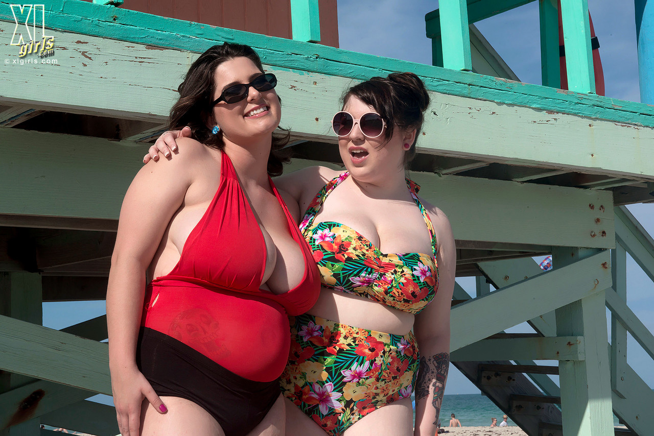 mature bbw besties take out their massive big tits to play at the beach